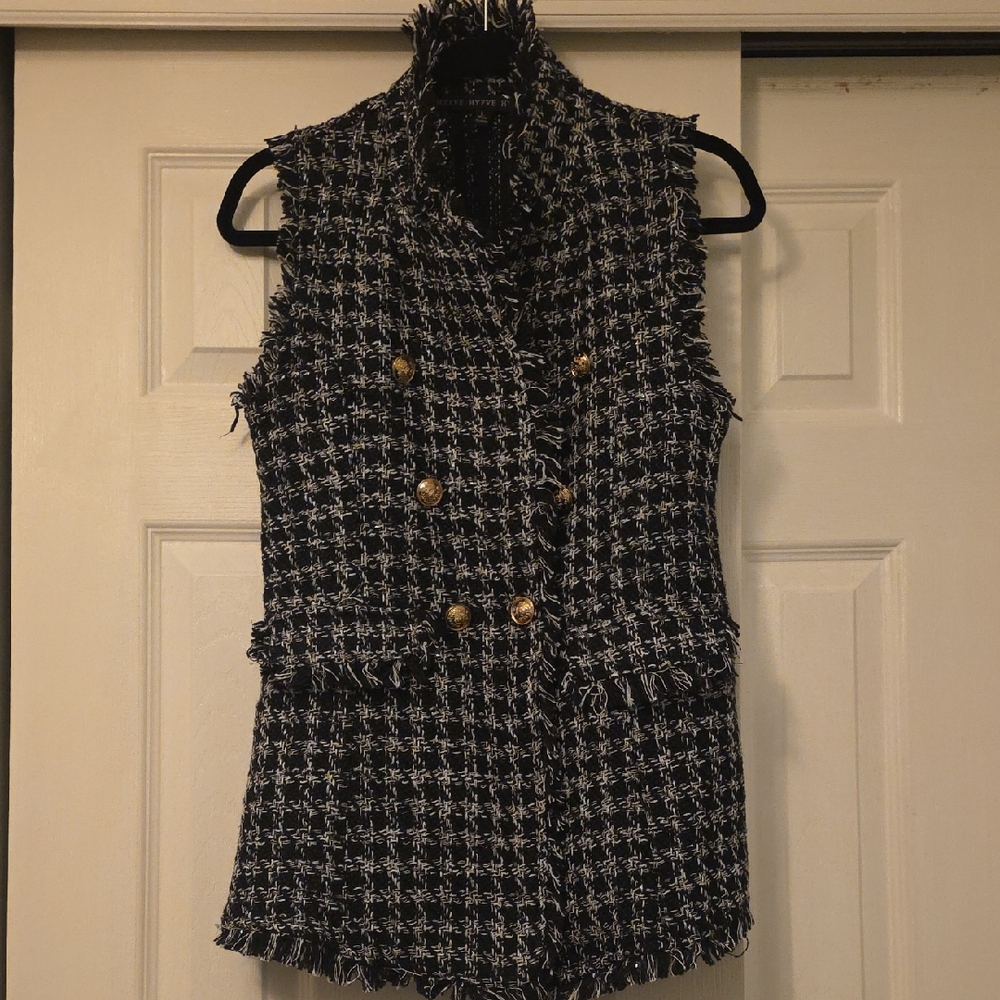 HYFVE Navy and White Tweed Vest with Gold Accents